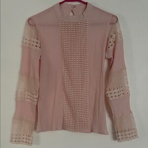 AQE Elegant Lace Panel Pink Blush Top Small Coquette Feminine Long Sleeves